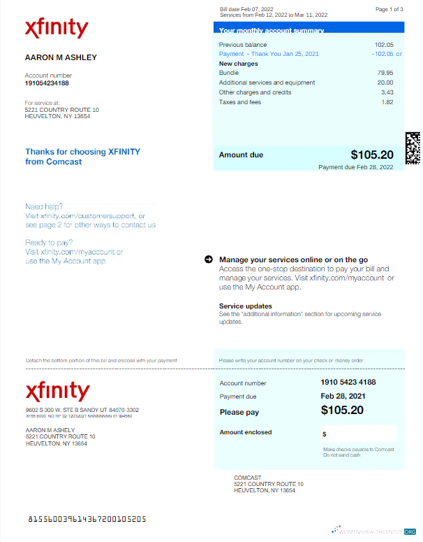 download download USA XFINITY utility bill Word and PDF template, version 2 PDF template PDF template